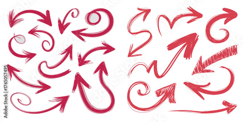 Hand-drawn red arrows set, sketchy crayon texture, dynamic curved and swirly arrows on white background, doodle style marker arrows, artistic direction indicators, isolated vector illustration, playfu