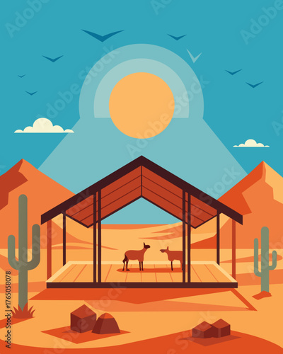 A shelter in the desert using the abundance of sunlight to provide cool and shaded spaces for animals.. Vector illustration