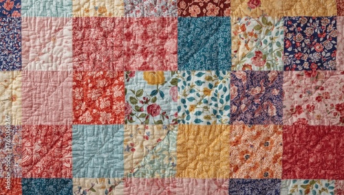 Colorful patchwork fabric, handmade quilt crafted from vintage textured fabric patches