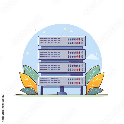 Cartoon illustration of server room data center stack with leaves and blue sky