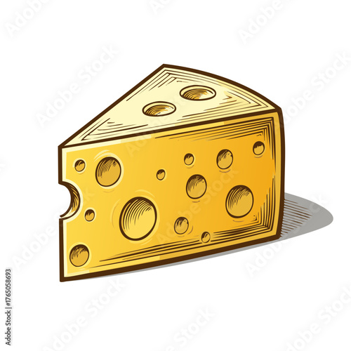 Aromatic Cheese Piece with Air Holes, Yellow Color, Traditional Dairy Food, Cartoon Style, Sharp Edges and shadow