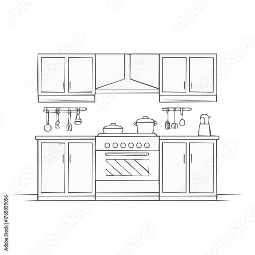 Kitchen Interior Design: Line Art Illustration of Cabinets, Range, and Cookware with a Classic Simple Style
