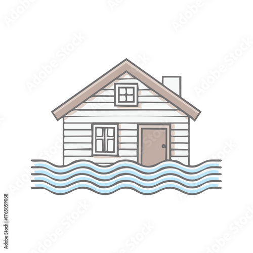 Cartoon house submerged in floodwaters with wavy water rising around it