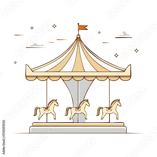 Stylized carousel with horses and striped awning, festive funfair decoration