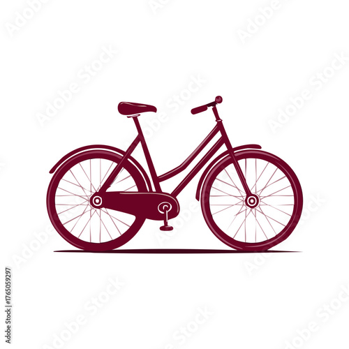 Classic Bike Illustration, Burgundy Single Speed Bicycle, Vintage Transportation Design, Wheels and Seat Details, Bike Style