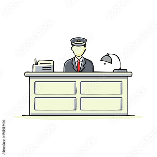 Cartoon Illustration of a Man at Reception Desk: Doorman, Concierge, Customer Service at Service Counter