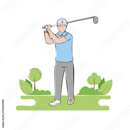 Golfer in action preparing to swing a club on a course with green trees and leaves