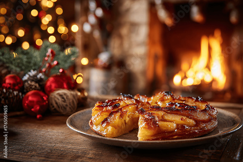 Golden French tarte Tatin served by fireplace on festive Christmas table