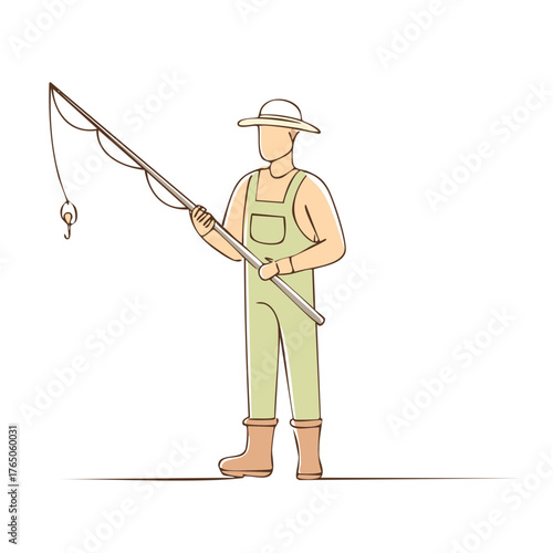 Fisherman Standing with a Fishing Rod Ready for Fishing wearing hat and overalls