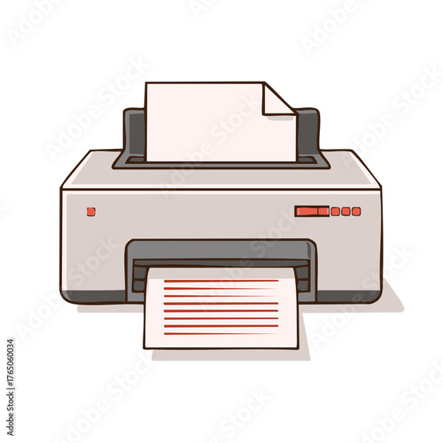 A digital illustration of a grey inkjet printer with paper feeding in and out, showing printed text