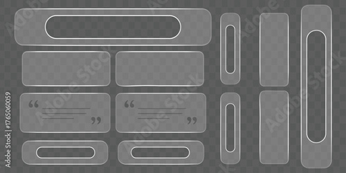 Glass UI design elements, transparent buttons, text boxes, vector design assets