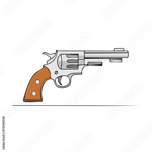 Detailed cartoon style handgun revolver weapon with brown wooden handle illustration