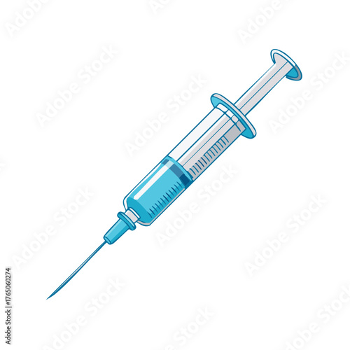 Single syringe with blue liquid inside. Medical injection instrument