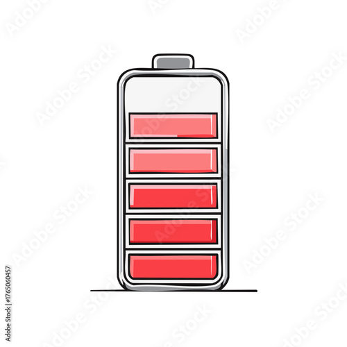 Stylized battery icon with low red charge indicator bars and outlined shape