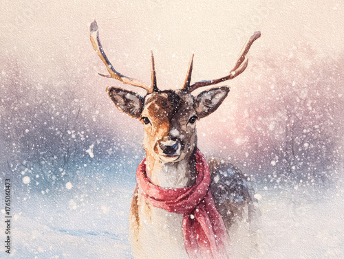 Christmas deer wearing scarf on snowy background winter holiday illustration