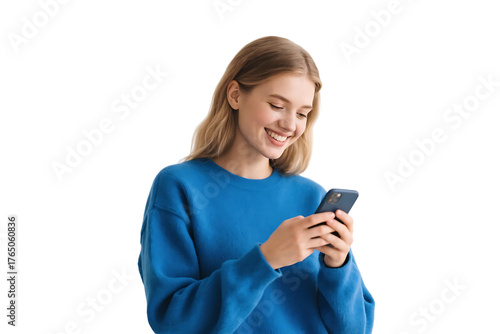 A young woman in a blue sweater is happily using her mobile phone, engaged in digital communication.