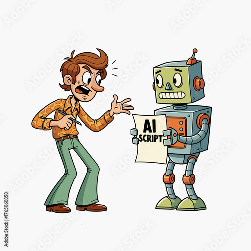 Cartoon man arguing with robot holding AI script  