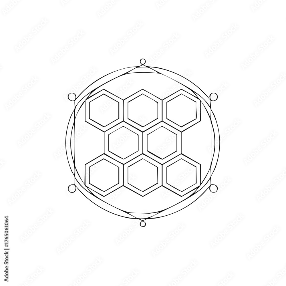 Obraz premium Geometric hexagonal honeycomb pattern within a circle and decorative elements.
