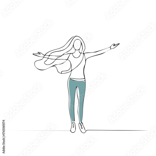 One Line Drawing of Woman with Long Hair and Arms Outstretched for Wellness Concept on White Background