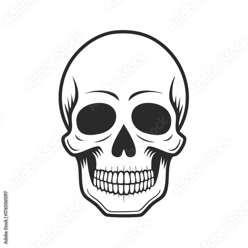 Graphic skull illustration with bold lines, teeth, and darkened eye sockets for horror, spooky, Halloween theme.