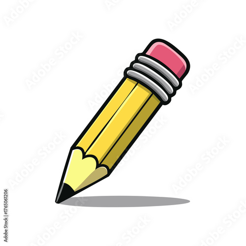 Yellow graphite drawing pencil with pink eraser - cartoon style illustration