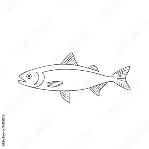 Minimalist outline of a salmon swimming left with detail on fins and tail in a simple line art style