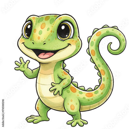 Green gecko or lizard with large, sparkling eyes, big smile, long patterned tail, standing and happily waving hand paw vector illustration.