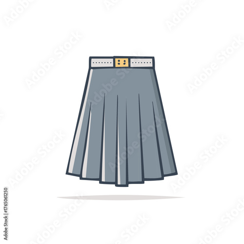 Minimalist gray pleated skirt with yellow buckle and dotted waistband fashion illustration