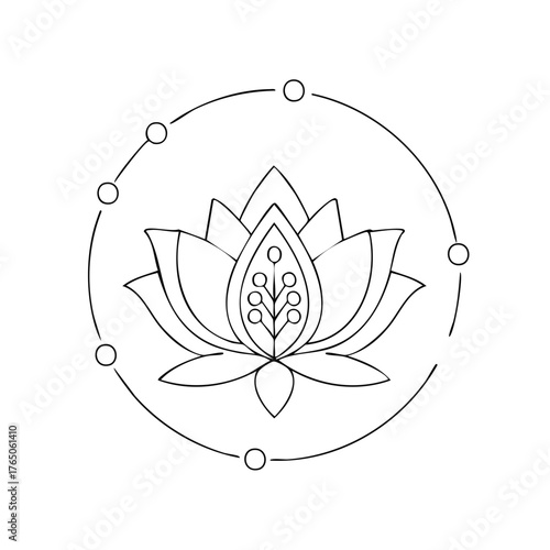 Lotus flower and geometric circle graphic, linear design, purity and nature illustration