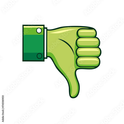 Cartoon hand with green skin and thumbs down gesture, isolated, vector illustration.