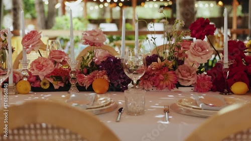 Wedding table decoration with flowers, candles, fresh bright flowers. Romantic outdoor wedding with floral accents, beautiful bohemian venue with elegant table.