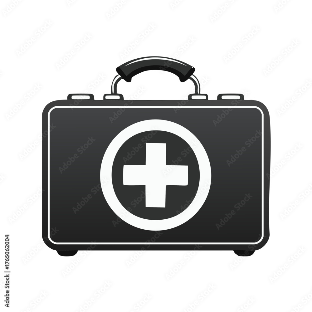 Obraz premium Sleek black first aid kit box with prominent white medical cross symbol for healthcare