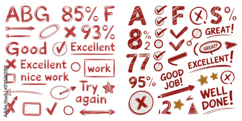 Exam grade test red pen mark set. Crayon school test results different hand drawn signs. Teacher scores of student homework. Vector handwritten scribble marker academic symbols on white background