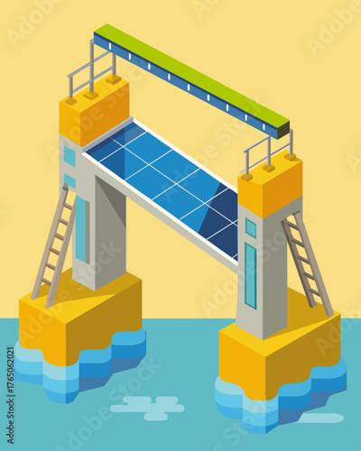 A unique drawbridge spanning a narrow canal featuring solar panels on its moveable section generating energy with every opening and closing.. Vector illustration
