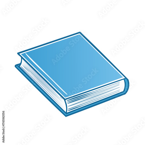 Single closed blue hardcover book with white pages isolated on white background