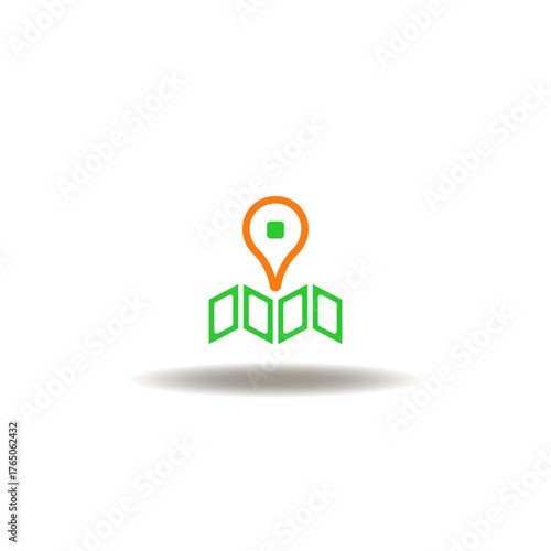 Vector illustration of location pointer with map. Symbol of navigation and position. Icon of 3d road visualization app.