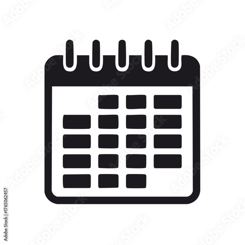 Minimalist black and white calendar icon with a grid of dates and spiral binding
