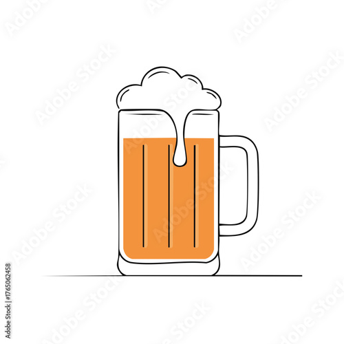 Illustration of a refreshing beer mug filled with golden lager and frothy foam head on a flat surface