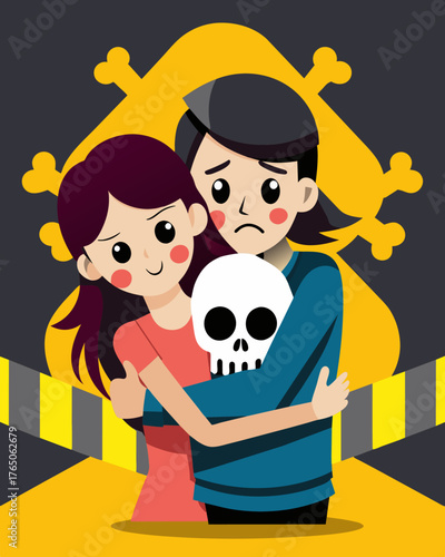 A cartoon couple hugging with a skull and crossbones above their heads and caution tape wrapped around them symbolizing a hazardous and poisonous relationship.. Vector illustration
