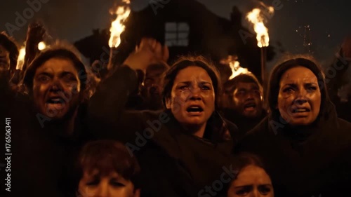 An angry mob of peasants with torches shouts in protest at night.