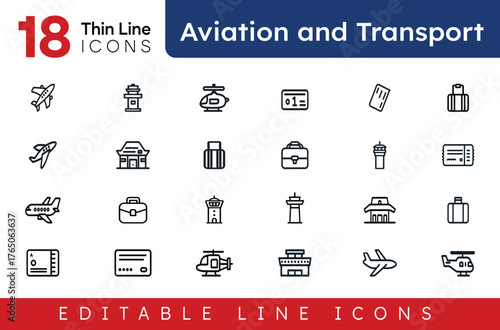 Air Transport and Aviation Thin Line Icon Set. Outline Vector Icons for Travel, Airport, and Flight.