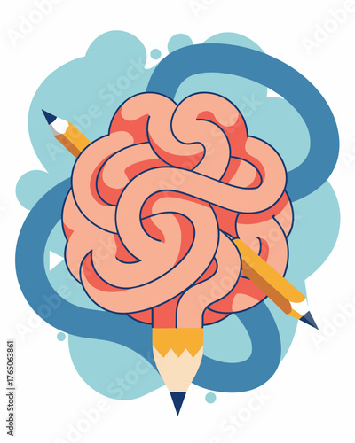 A pencil drawing of a brain with the pathways overlapping and twisting in chaotic directions representing the confusion caused by cognitive distortions.. Vector illustration