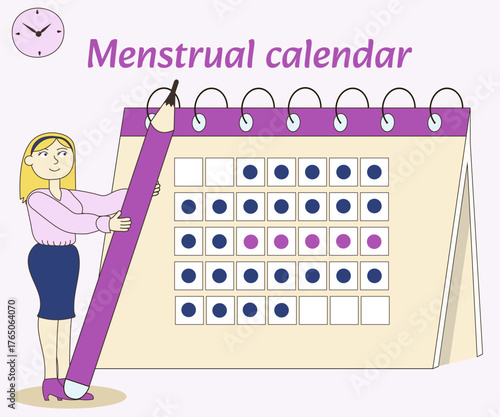 A woman holds a large pencil, checking her menstrual calendar, diary, Menstruation, blood, women's health