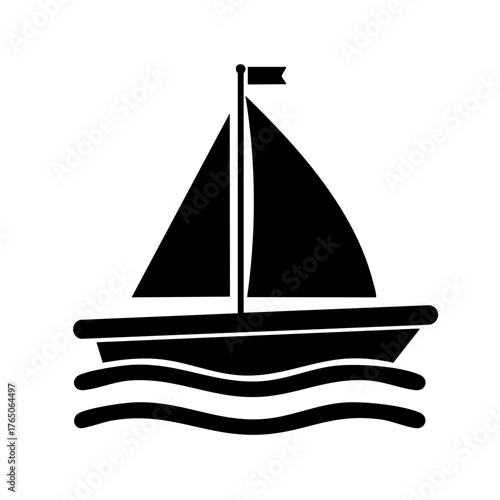 Simple black sailboat icon with flag on mast cruising on wavy water
