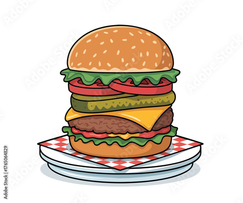 A cartoon illustration of a very tall and delicious looking burger stack