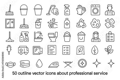 Cleaning service and hygiene tools linear icon set