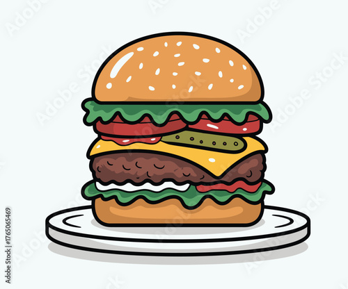 Cartoon illustration of a burger with all the fixings on a white plate