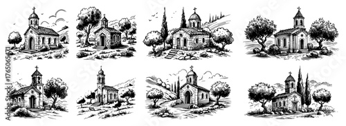 Rustic winter countryside chapel sketch collection, hand‑drawn vintage ink illustration