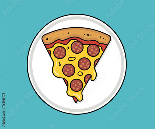 Illustration of a slice of pepperoni pizza on a plate with a blue background