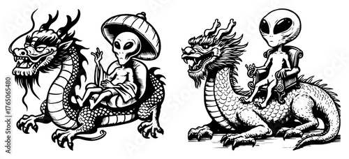 Alien tourist in sombrero riding Chinese dragon – quirky monochrome fantasy adventure cartoon illustration